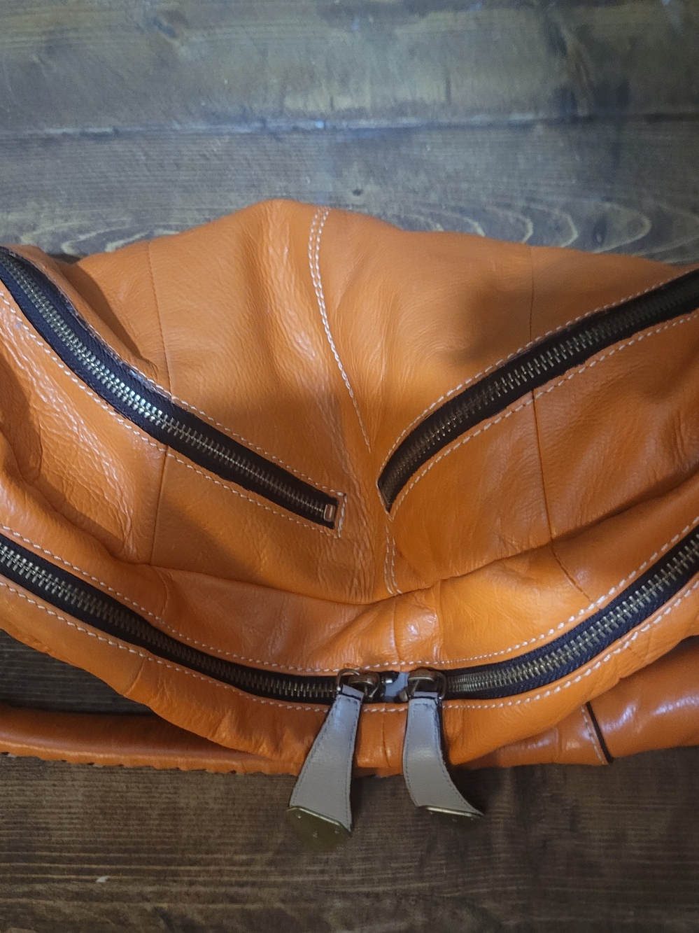 orYANY Orange Leather Bag with Gold Plaque and Green Patterned Lining